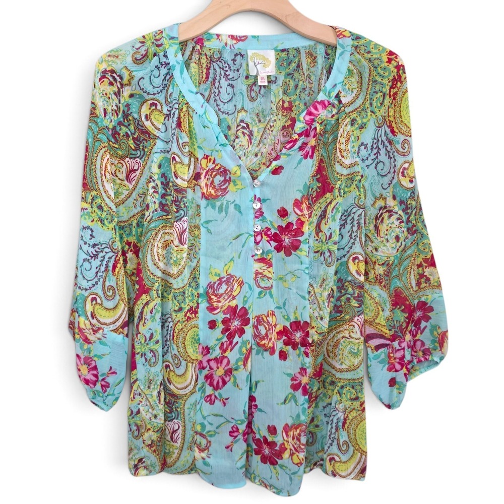 Fig & Flower Blouse Womens M Medium Turquoise Paisley Floral Boho Peasant Top